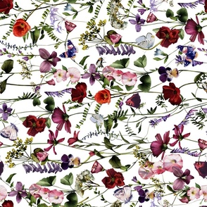 Turned left 18" A beautiful cute dark red poppies and Wildflowers Meadow flower garden with wildflower and grasses and insects on white background-  for home decor Baby Girl  and nursery  fabric perfect for kidsroom wallpaper,kids room single layer