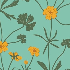 Large Summery Yellow Buttercup Fields with Aquamarine Green Background
