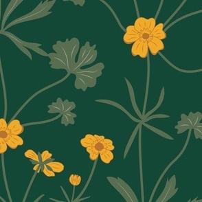 Large Summery Yellow Buttercup Fields with Forest Green Background