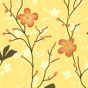 delicate flowers in shades of salmon and orange red on a sunflower yellow background  - large scale
