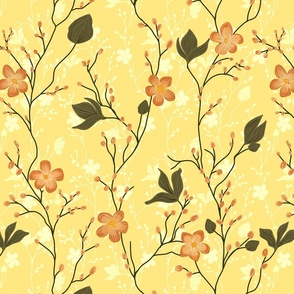 delicate flowers in shades of salmon and orange red on a sunflower yellow background  - medium scale