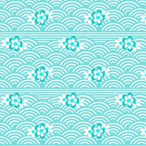 Japanes Waves with Flowers Teal Seigaiha Ocean Home Decor Geometric Stripes