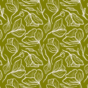 Loose sketch paeony flowers in white on natural green