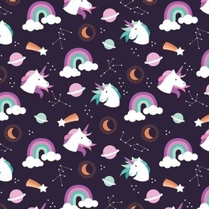 Unicorns and rainbows - constellation stars and zodiac signs planets and new moon teal blue pink lilac on deep purple