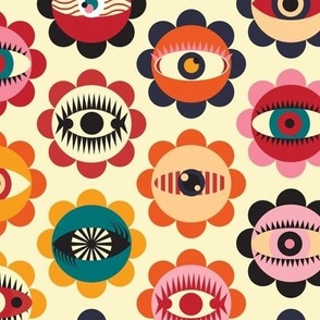 Geometric Orange Red Pink Flowers with Eyes Abstract Wallpaper 