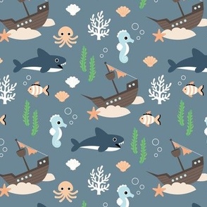 Pirate ship and jelly fish - ocean adventures kawaii kids design with coral fish and sea horses green orange blue on moody gray