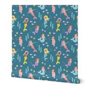 Mermaids starfish shells and coral - under the sea kids design with water bubbles and fish aqua pink lilac on classic blue