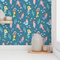 Mermaids starfish shells and coral - under the sea kids design with water bubbles and fish aqua pink lilac on classic blue