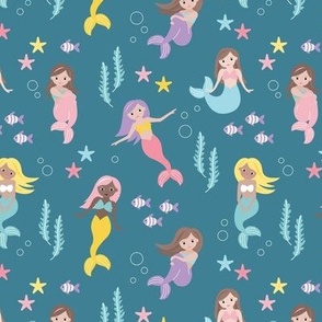 Mermaids starfish shells and coral - under the sea kids design with water bubbles and fish aqua pink lilac on classic blue