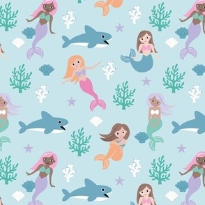 Mermaids and whale starfish shells and coral - under the sea kids design with water bubbles and fish aqua pink lilac on baby blue