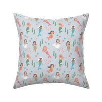 Mermaids starfish shells and coral - under the sea kids design with water bubbles and fish aqua pink olive green on soft moody blue