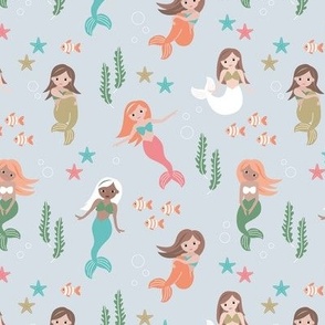 Mermaids starfish shells and coral - under the sea kids design with water bubbles and fish aqua pink olive green on soft moody blue