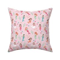 Mermaids starfish shells and coral - under the sea kids design with water bubbles and fish aqua pink orange mint on pink