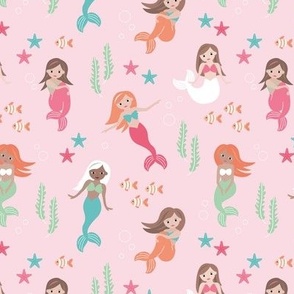 Mermaids starfish shells and coral - under the sea kids design with water bubbles and fish aqua pink orange mint on pink