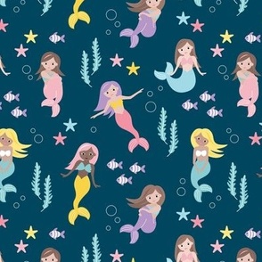 Mermaids starfish shells and coral - under the sea kids design with water bubbles and fish aqua pink lilac on marine blue