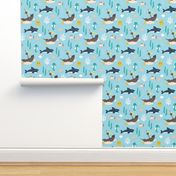 Pirate ship and jelly fish - ocean adventures kawaii kids design with coral fish and sea horses ochre teal on blue