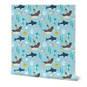 Pirate ship and jelly fish - ocean adventures kawaii kids design with coral fish and sea horses ochre teal on blue