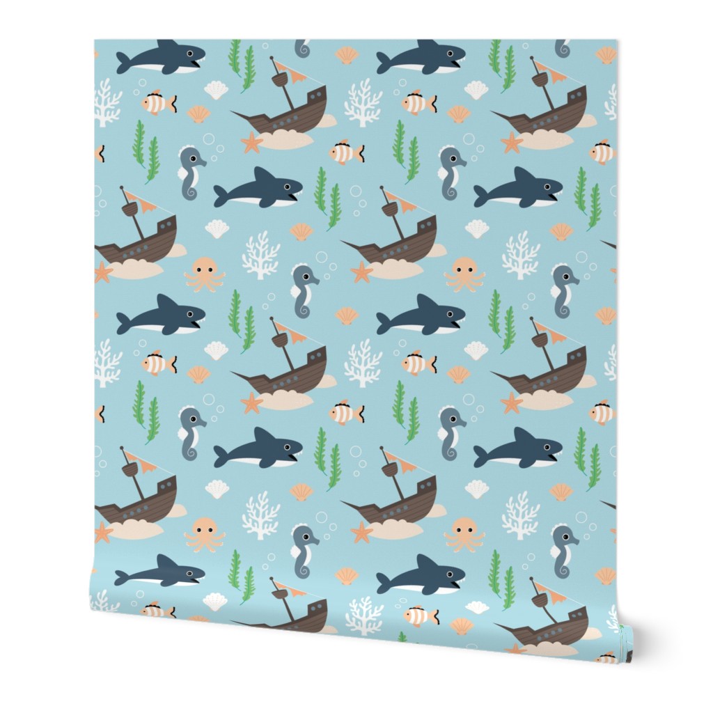 Pirate ship and jelly fish - ocean adventures kawaii kids design with coral fish and sea horses green orange gray brown on baby blue