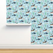 Pirate ship and jelly fish - ocean adventures kawaii kids design with coral fish and sea horses green orange gray brown on baby blue