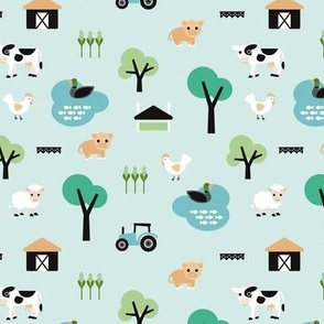 Farm life - tractor sheep cows and little farm house kawaii kids design on soft pastel mint green