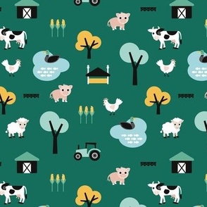 Farm life - tractor sheep cows and little farm house kawaii kids design on green