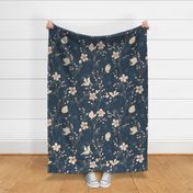 delicate flowers in shades of light pink on a dark navy blue background  - large scale