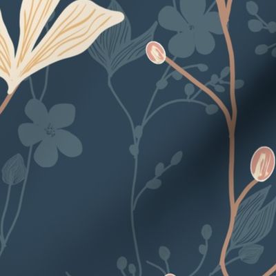 delicate flowers in shades of light pink on a dark navy blue background  - large scale
