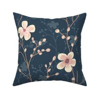 delicate flowers in shades of light pink on a dark navy blue background  - large scale