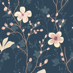 delicate flowers in shades of light pink on a dark navy blue background  - large scale