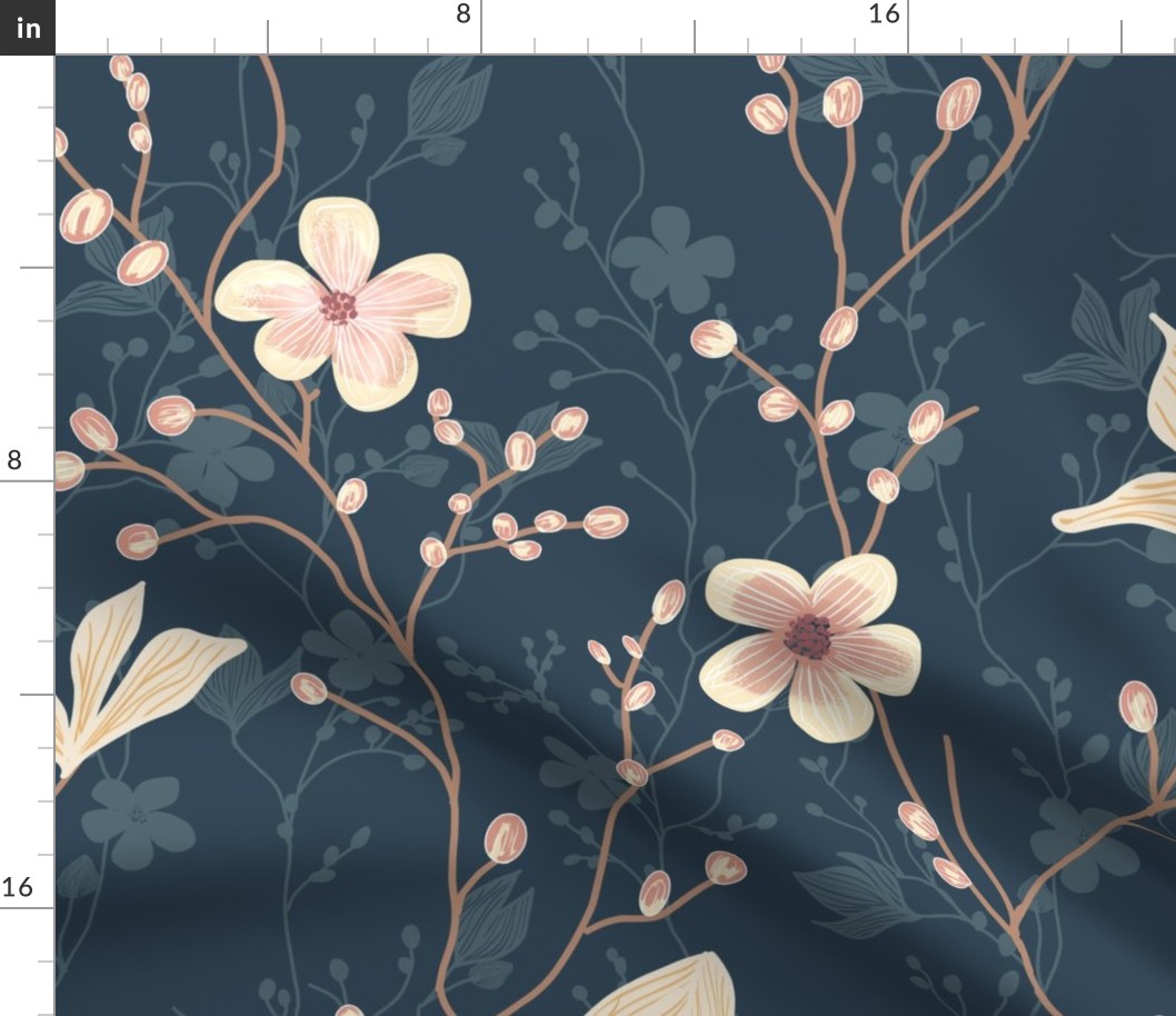 delicate flowers in shades of light pink on a dark navy blue background  - large scale