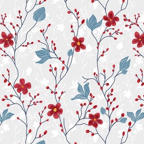 delicate flowers in red with blue leaves on a off-white background  - medium scale