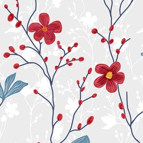 delicate flowers in red with blue leaves on a off-white background  - large scale