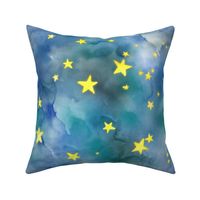Sweet dreams bedding gold stars on watercolour sky. Shiny magic stars. Dreams. Bedroom. Baby room decor