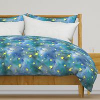 Sweet dreams bedding gold stars on watercolour sky. Shiny magic stars. Dreams. Bedroom. Baby room decor