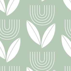 Abstract retro Scandinavian flower vintage repeat - sixties vibes groovy rainbow tulip and leaves summer boho garden sage green mint LARGE wallpaper