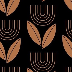 Abstract retro Scandinavian flower vintage repeat - sixties vibes groovy rainbow tulip and leaves summer boho garden golden caramel on black LARGE wallpaper