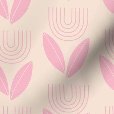 Abstract retro Scandinavian flower vintage repeat - sixties vibes groovy rainbow tulip and leaves summer boho garden soft pink on cream tan  LARGE wallpaper