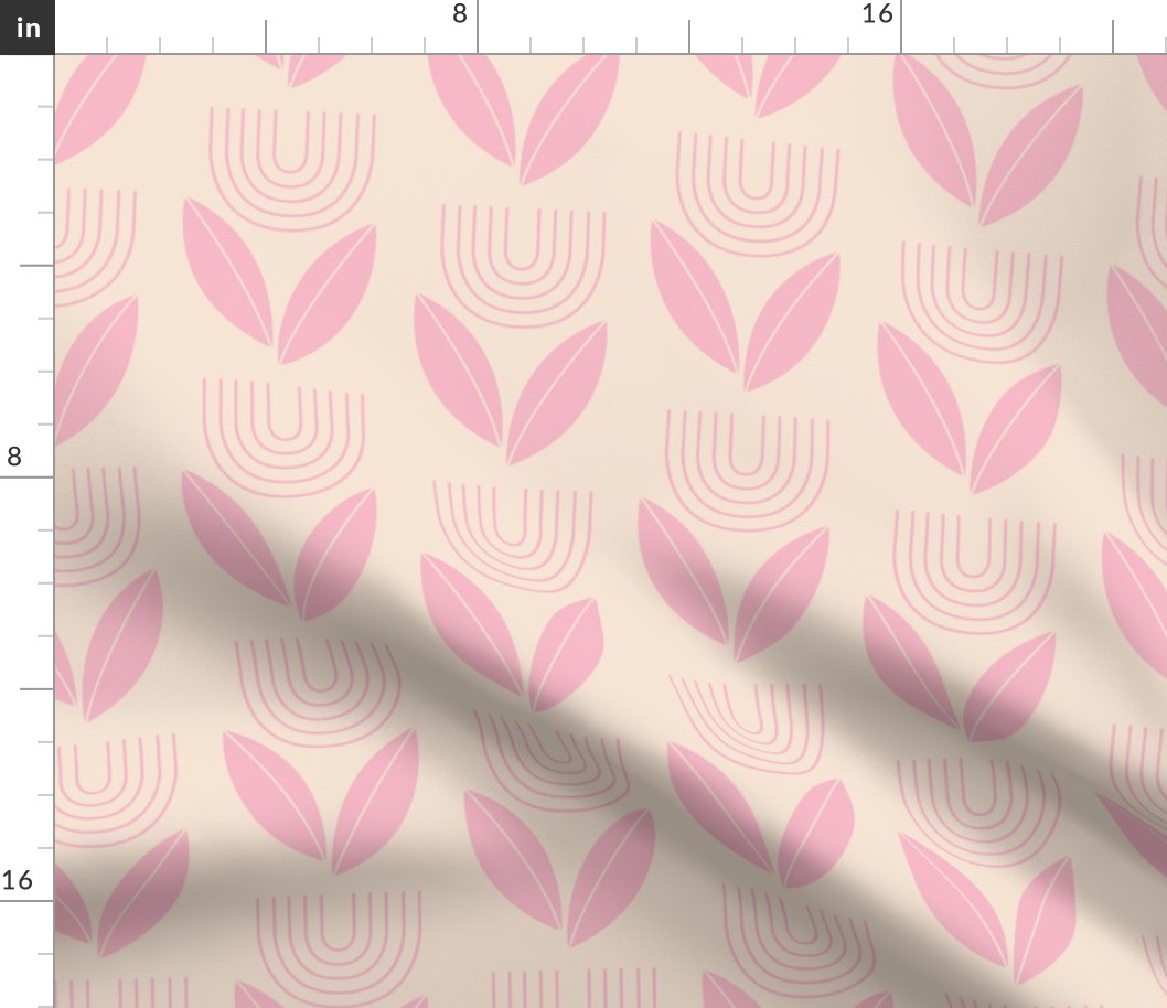 Abstract retro Scandinavian flower vintage repeat - sixties vibes groovy rainbow tulip and leaves summer boho garden soft pink on cream tan  LARGE wallpaper