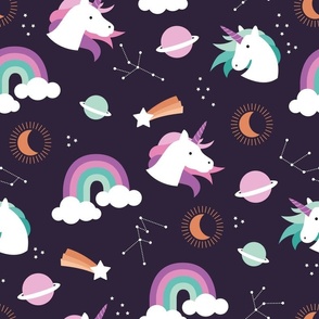 Unicorns and rainbows - constellation stars and zodiac signs planets and new moon teal blue pink lilac on deep purple LARGE wallpaper