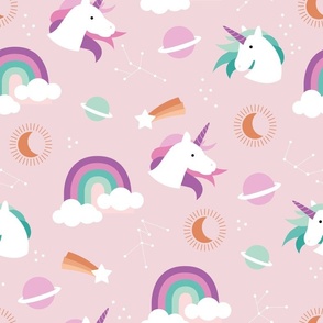 Unicorns and rainbows - constellation stars and zodiac signs planets and new moon teal blue pink lilac on soft pink LARGE wallpaper