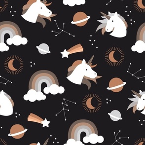 Unicorns and rainbows - constellation stars and zodiac signs planets and new moon vintage seventies beige brown rust caramel on charcoal LARGE wallpaper