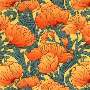 Art Nouveau Orange Poppies