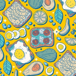 Fruits in the Kitchen: Avocado Toast with Eggs and Lemon / Yellow Version / Large Scale or Wallpaper