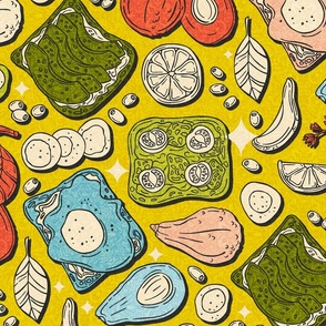 Fruits in the Kitchen: Avocado Toast with Eggs and Lemon / Mid Century Modern Version / Large Scale or Wallpaper