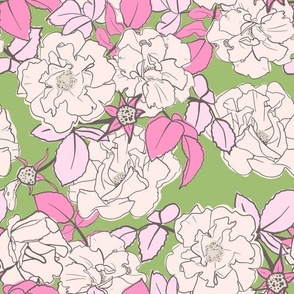 (L) Blooming Dames White Roses with Pink Leaves on Spring Green Background Large