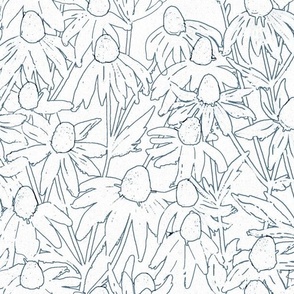 Hand-drawn dark blue line art daisies fields light textured off white background