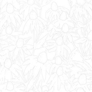 Hand-drawn light grey line art daisies fields white background