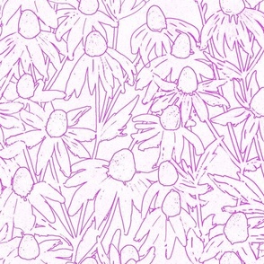 Hand-drawn magenta rose line art daisies fields light textured background
