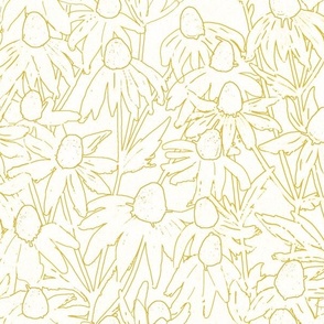 Hand-drawn marigold ochre yellow line art daisies fields light textured background
