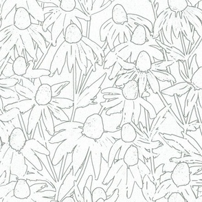 Hand-drawn pine green line art daisies fields light textured background